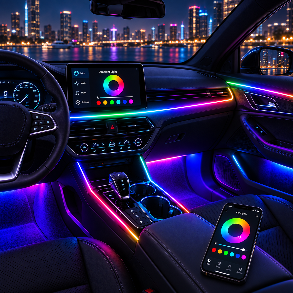 Car interior with Bluetooth RGB LED strip lights installed at night