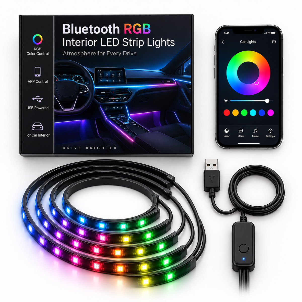 Bluetooth RGB interior LED strip lights complete kit flat lay