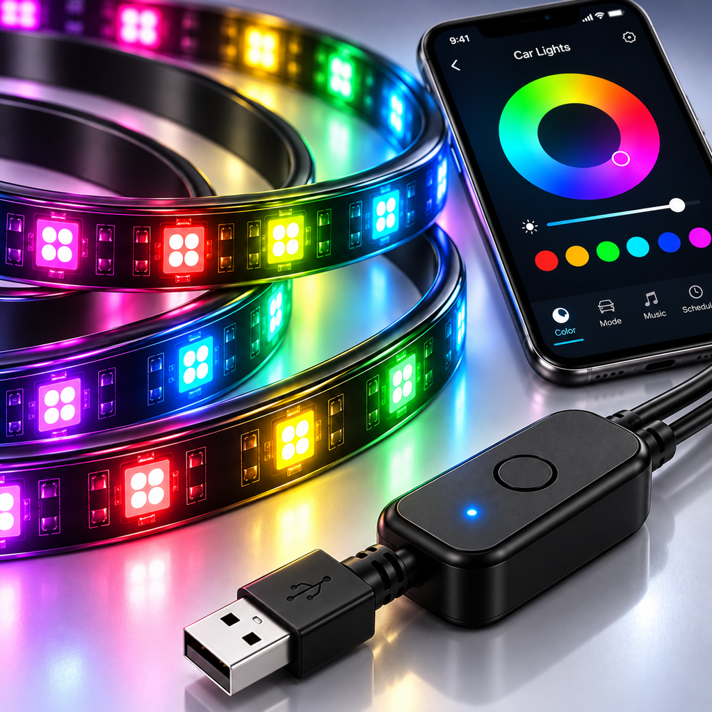 Close-up of RGB LED strip lights, USB controller and app controls