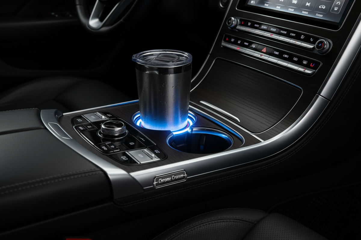 LED light-up car cup holder coaster lifestyle shot - Chrome Cruiser